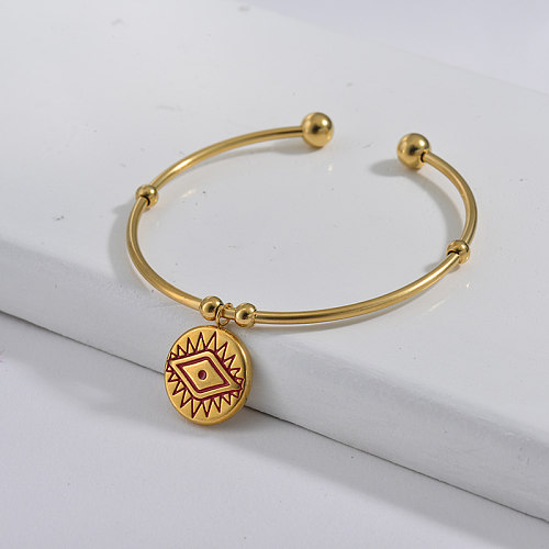 Simple style golden stainless steel bracelet with red oil dripping evil eye pendant