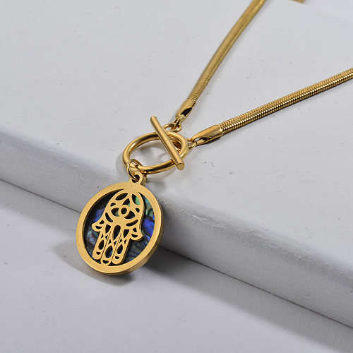 Gold Hamsa Hand With Seashell Pendant OT Clasp Snake Chain Necklace