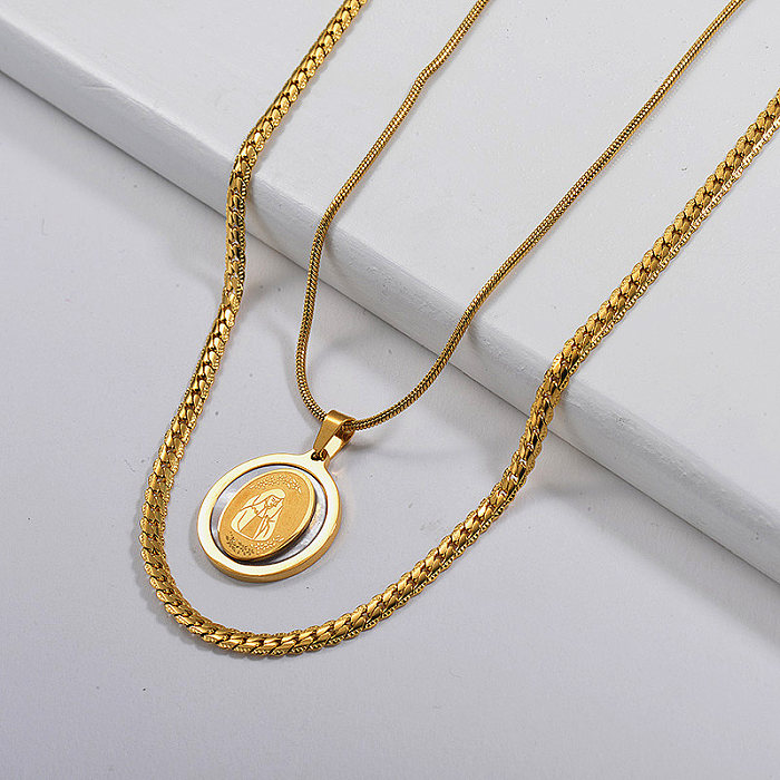 Gold Religious Pendant With Shell Statement Layer Necklace