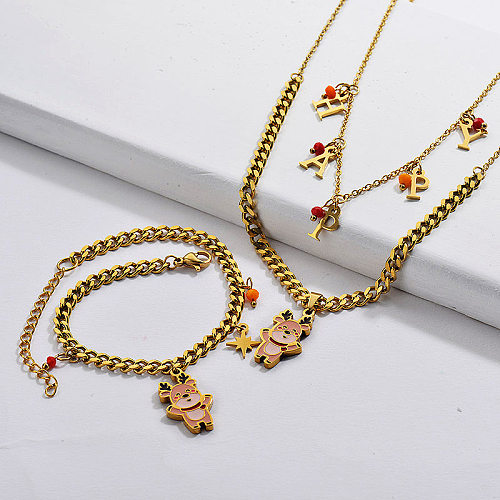 Wholesale Stainless Steel Gold Plated Initial Letter Chain Necklace Bracelet Set