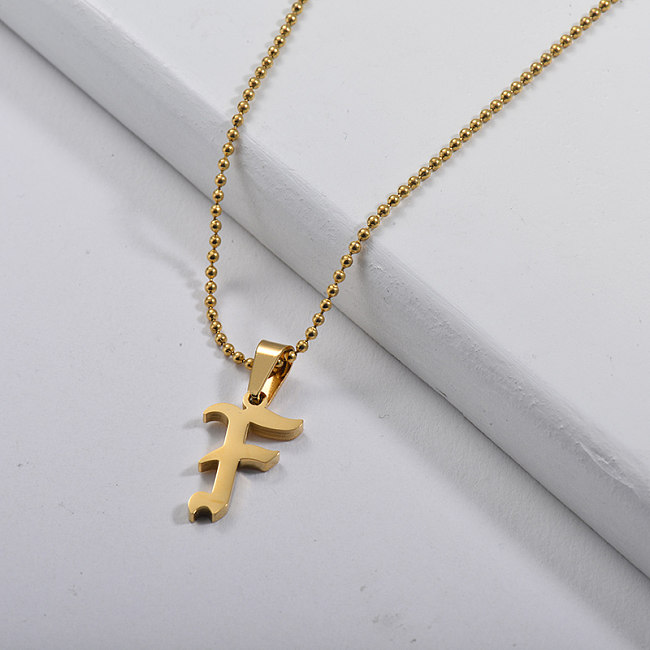 Personalised Gothic Letter F Pendant Gold Beaded Chain Necklace