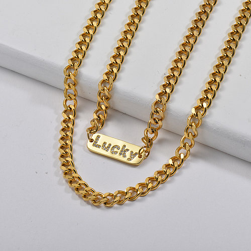 Fashion Good Copper Lucky Bar Pendant Chunky Curb Link Chain Necklace