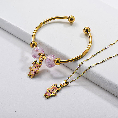 Stainless Steel Gold Plated Bear Necklace Earrings Jewelry Set