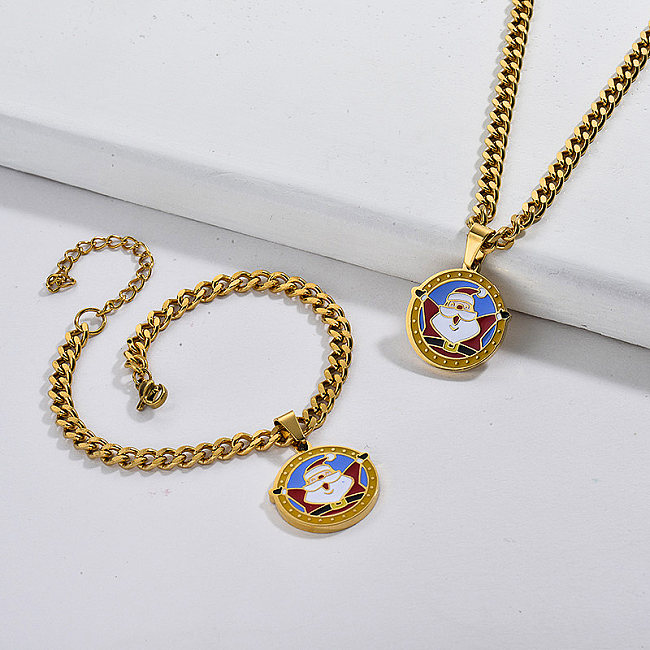 Stainless Steel Gold Christmas Thick Chain Santa Claus Necklace Earrings Sets