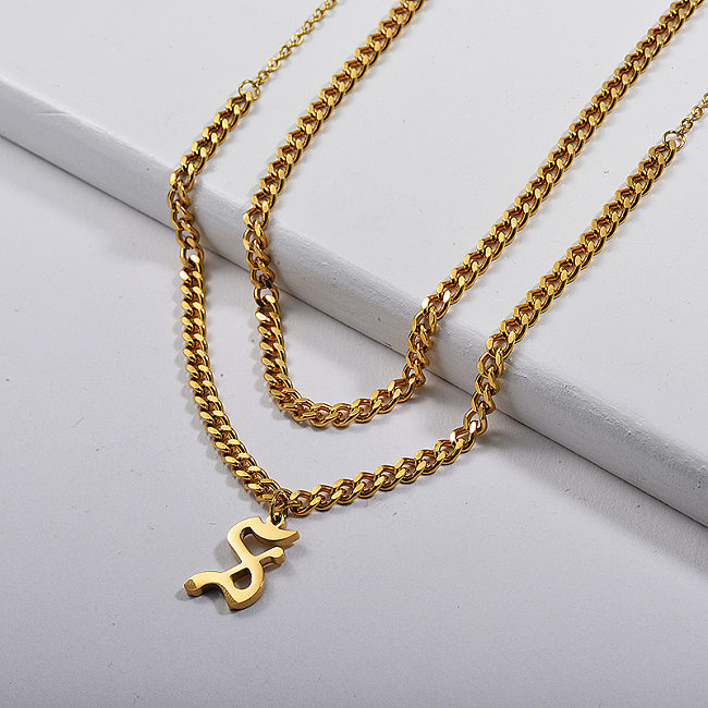 قلادة شخصية من الذهب على شكل حرف S بطبقة مكتنزة من سلسلة ربط الرصيف -  Jewenoir