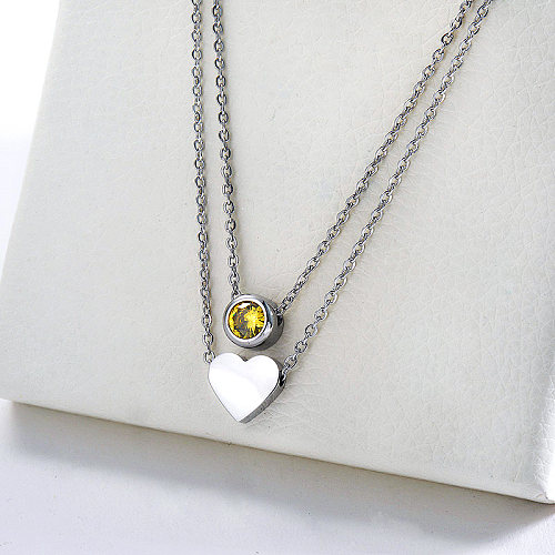Fashion Stainless Steel Silver Heart Charm With Green Zircon Double Chains Necklace