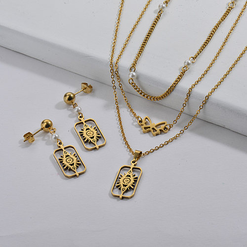 Conjunto de pendientes de collar de múltiples capas de oro de acero inoxidable al por mayor