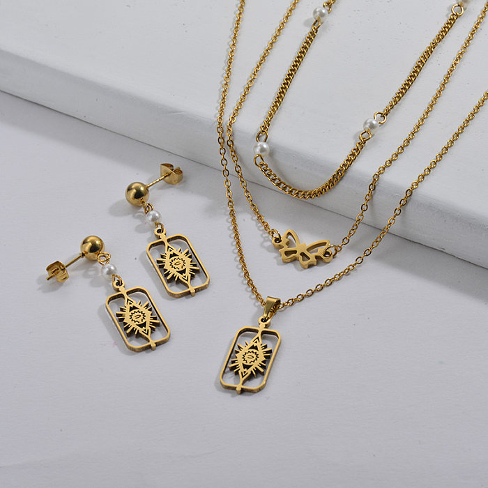 Wholesale Stainless Steel Gold Multi Layer Necklace Earrings Set
