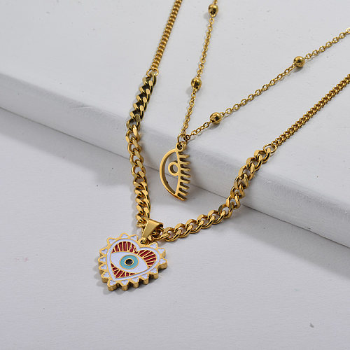 Gold Plating Enamel Heart With Evil Eye Double Chain Necklace