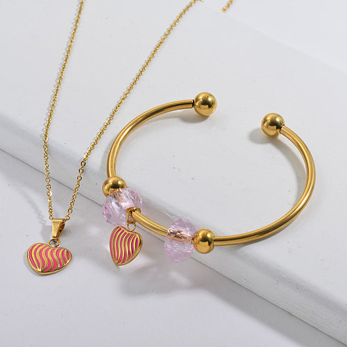 Stainless Steel Famous Brand Gold Plated Heart Charm Neckalce Bangle Jewelry Set