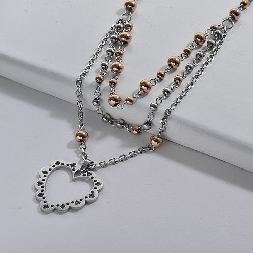 Silver Stainless Steel Hollow Heart Double Colors Beads Layered Chain Necklace For Women