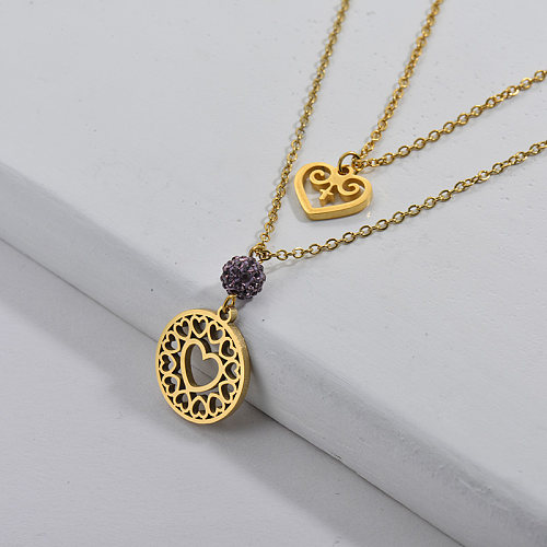 14K Gold Plating Hollow Love Heart Double Chains Necklace For Girlfriend
