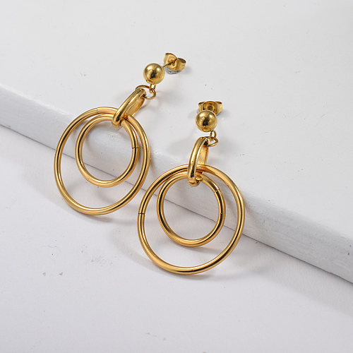 Gold Plating Dangle Earrings with Gold Three Hoop