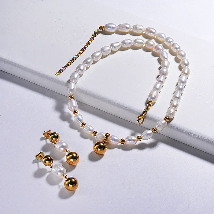 Wholesale Stainless Steel Gold Pearl Bead Necklace Earrings Jewelry Set