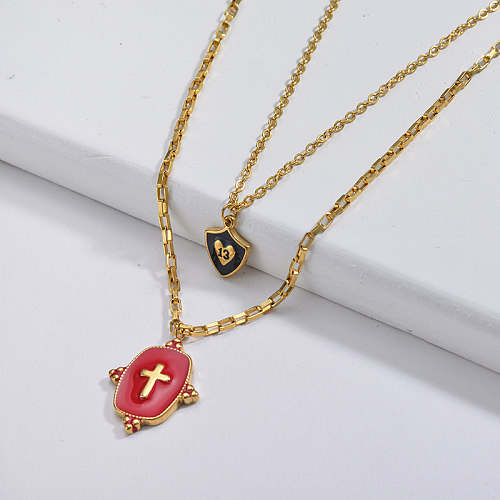 13 Years Old Lucky Jewelry Red Enamel Cross Sqaure Pendant Layer Chain Necklace