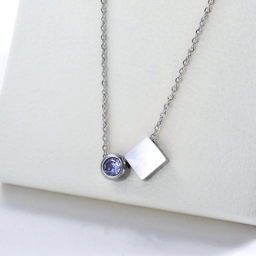Fashion Silver Stainless Steel Square Gemotry With Purple Zircon Double Chains Necklace