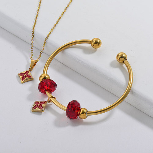 Stainless Steel Famous Brand Gold Plated Flower Charm Neckalce Bangle Jewelry Set