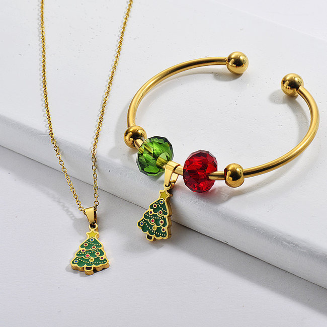Wholesale Stainless Steel Gold Plated Christmas Tree Necklace Bangle Jewelry Set