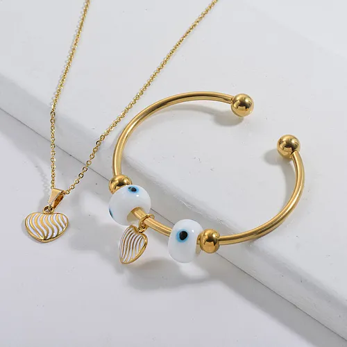 Stainless Steel Famous Brand Gold Plated Hear Charm Neckalce Bangle Jewelry Set