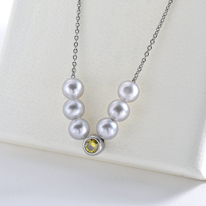 Fashion Olive Green Zircon Charm Silver Pearl Necklace For Women