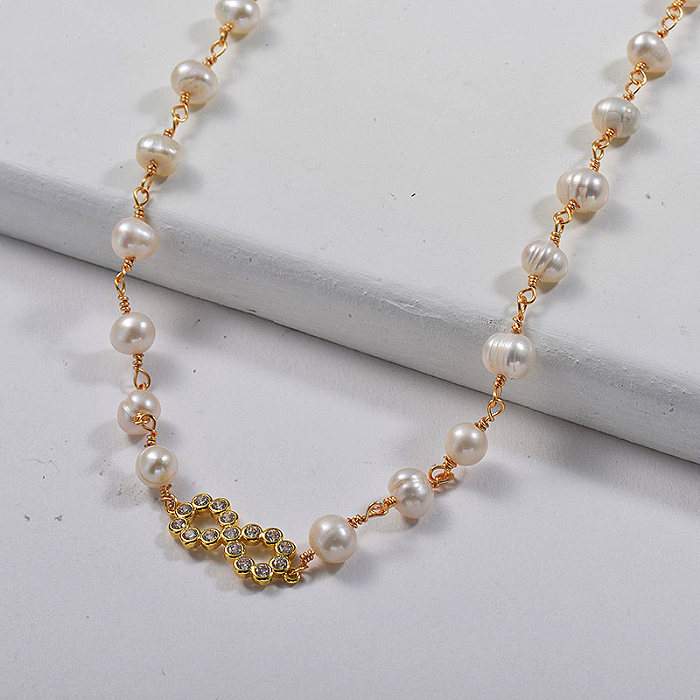 Gold Copper Infinity Charm With Pearl Bead Chain Link Necklace