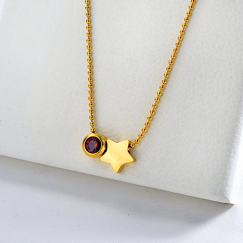 Cute Stainless steel Gold Star Charm With Red Zirconia Necklace
