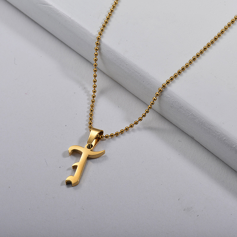 Wholesale Gothic Alphabet T Pendant Gold Beaded Chain Necklace Jewenoir