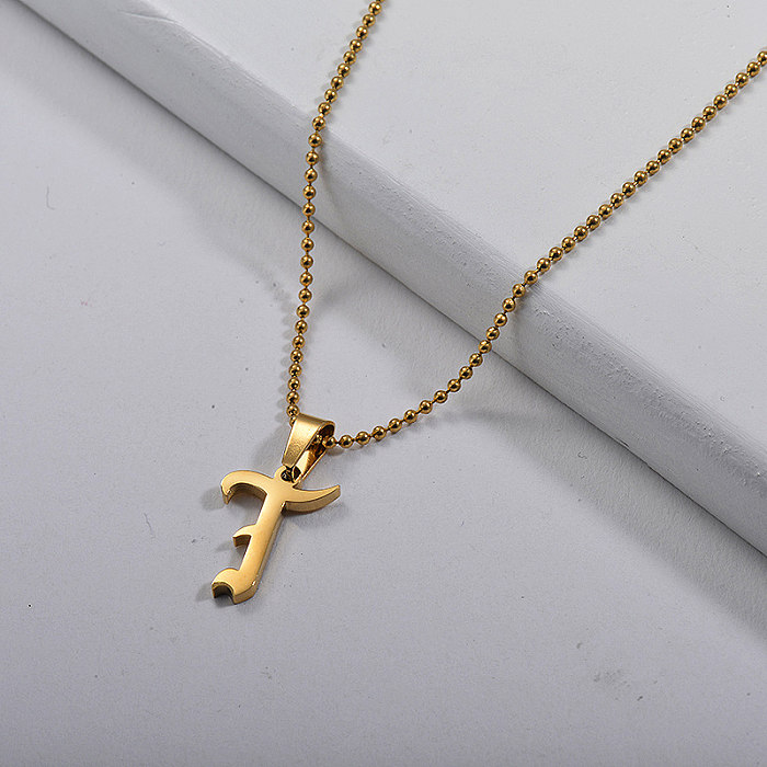 Wholesale Gothic Alphabet T Pendant Gold Beaded Chain Necklace