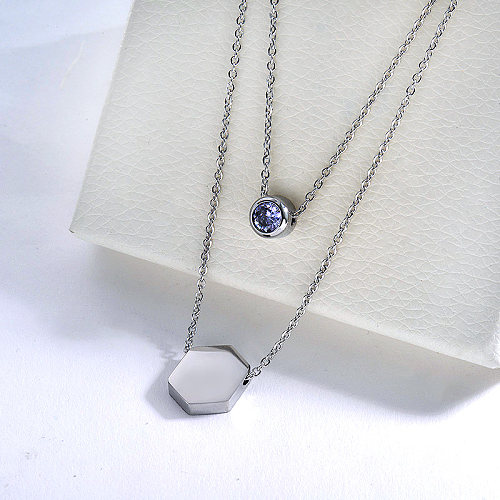 Silver Hexagon Charm With Clear Zircon Double Chain Layered Necklace For Women
