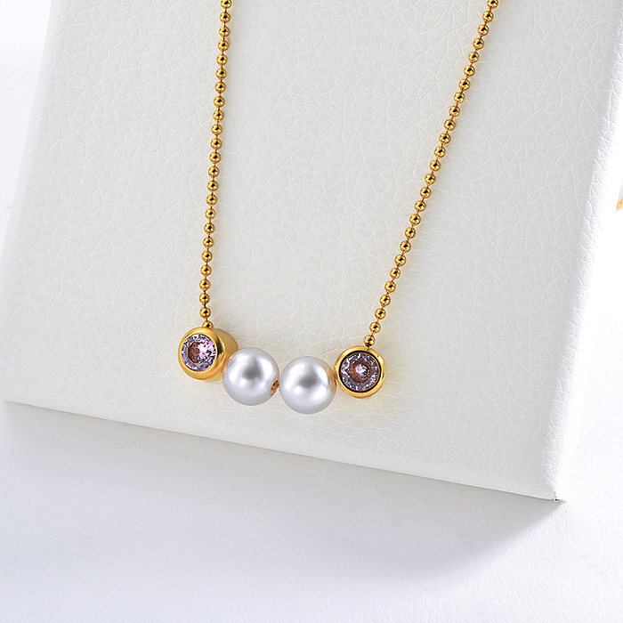 Fashion Pearl With Pink Zircon Charm Gold Necklace For Girls