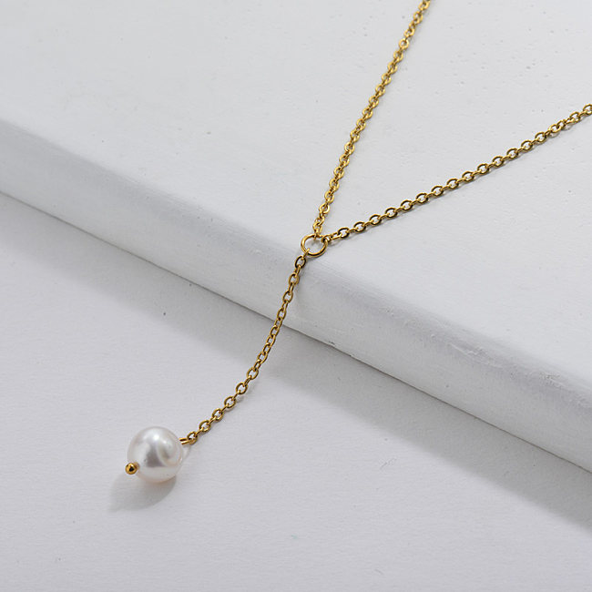 Collar de cadena de lazo de perlas naturales de oro de moda para mujer