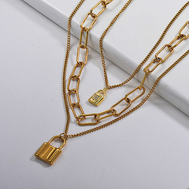 Gold Padlock Pendant Oval Mixed Layer Link Chain Necklace