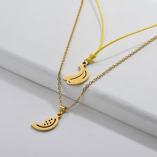 Cute Stainless Steel Gold Banana Fruit Pendant Double Chains Necklace For Girls