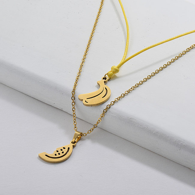 Cute Stainless Steel Gold Banana Fruit Pendant Double Chains Necklace For Girls