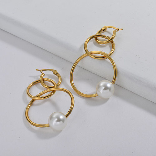 Gold Plating Dangle Pearl Hoop Earrings Pearl