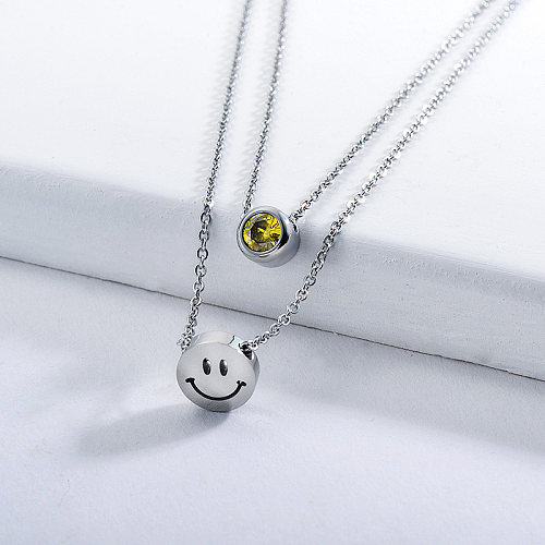 Silver Smiley Face Charm With Zirconia Double Chains Necklace For Women