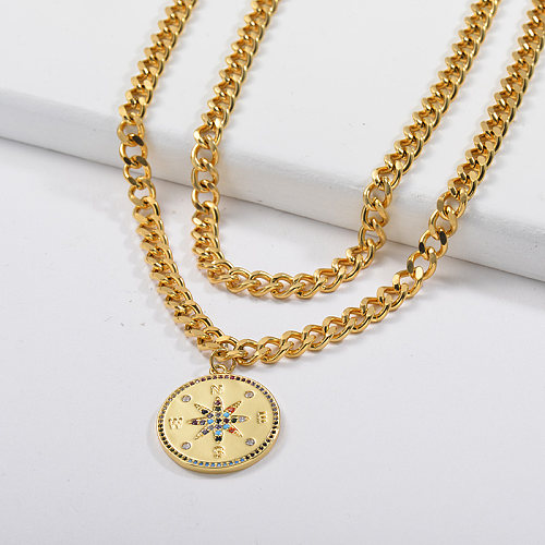 Gold Copper Compass Charm Chunky Curb Link Chain Layered Necklace