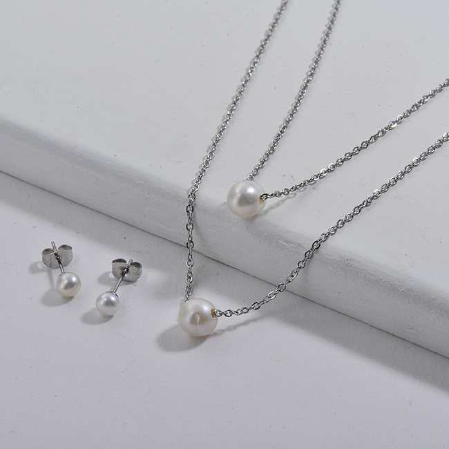 Conjunto de joias femininas com colar de pérolas e brincos de prata em aço inoxidável