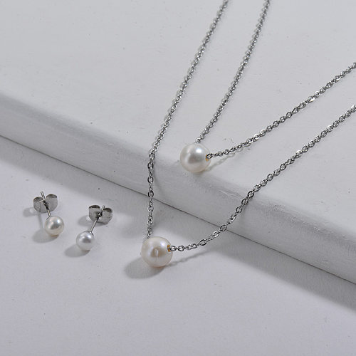 Stainless Steel Silver Pearl Necklace and Earrings Women Jewelry Set