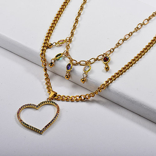 Pendentif coeur en cuivre coloré avec collier de couches de chaîne de perles
