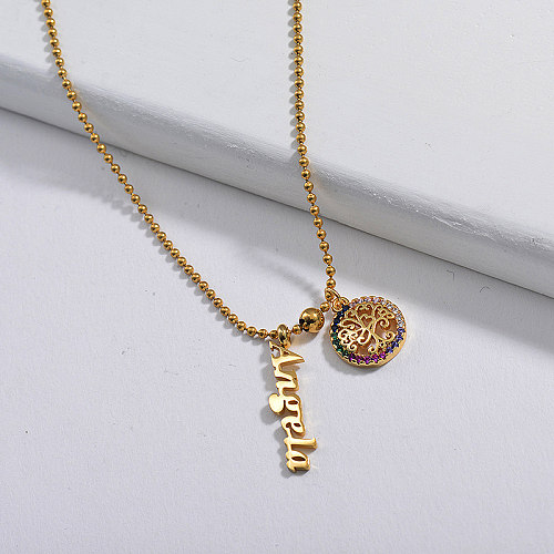 Nome de ouro personalizado com colar charme de cobre da árvore da vida