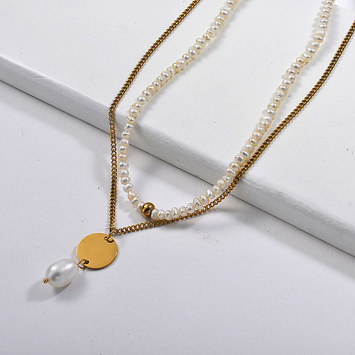 Gold Round Tag Pearl Layered Necklace For Women