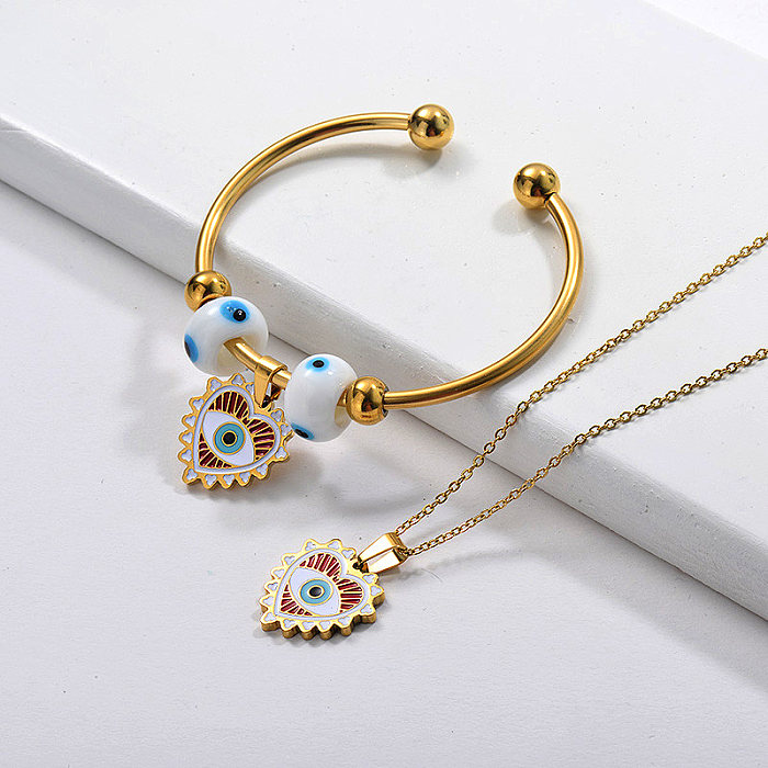 Stainless Steel Gold Plated Evil Eye Necklace Earrings Jewelry Set