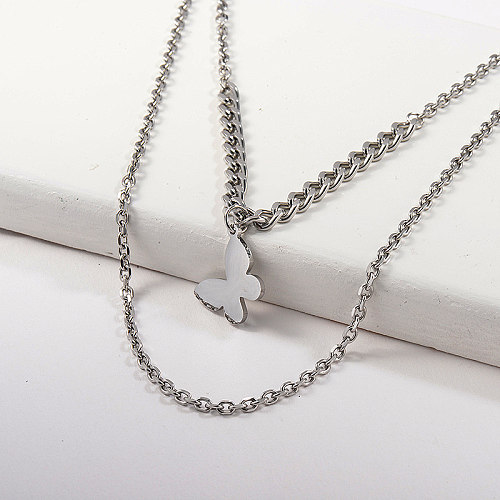 Silver Butterfly Charm Pendant Layer Necklace Women Jewelry