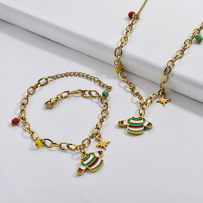 Conjunto de joias em aço inoxidável banhado a ouro de Natal com corrente de suéter e pulseira