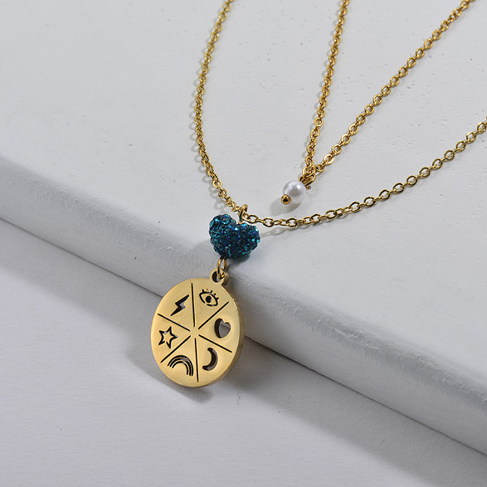 Gold Round Pendant With Blue Crystal Double Chains Necklace For Women