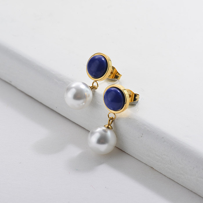 Gold Pearl Earrings with Blue Gemstone French Style