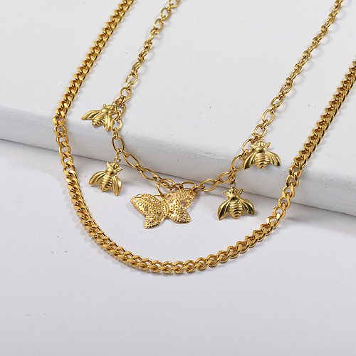 Gold Butterfly Bee Charm Curb Link Chain Layered Necklace