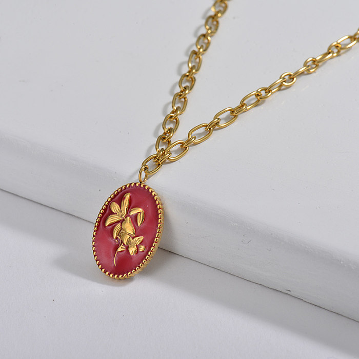 Red Enamel Lily Oval Pendant Oval Link Chain Necklace For Women