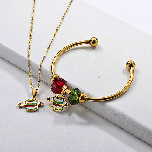 Conjunto de joyería de mujer con brazalete de collar de suéter de Navidad chapado en oro de acero inoxidable